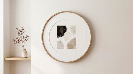 Round wooden frame mockup on white wall