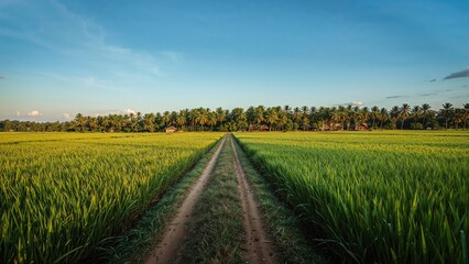 A rural landscape with a dirt path dividing lush green fields under a blue sky with clouds. Nature and agriculture, countryside scene. The concept of rural living and farmland.
