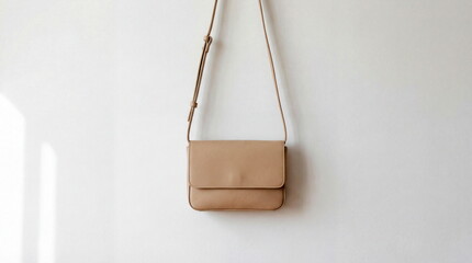 Minimalist beige leather shoulder bag mockup
