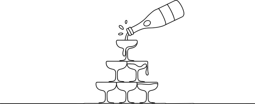 Stylized line art of a champagne bottle filling an elegant cascade of stacked coupe glasses, perfect for conveying celebration, luxury, and special event concepts