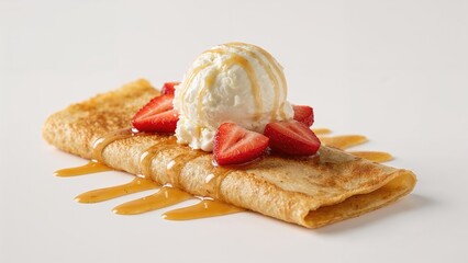 Sweet dessert with crepe, strawberries, vanilla ice cream, and caramel sauce.