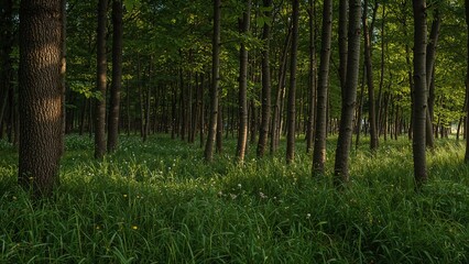 Obraz premium A forest scene with tall trees and lush green foliage, showcasing a peaceful natural environment.