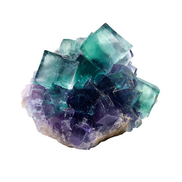 Beautiful cluster of natural fluorite mineral crystals with purple and green hues isolated on transparent background