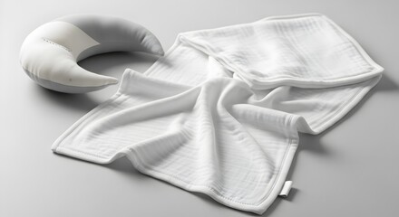 Baby muslin cloths and moon pillow on a gray background.