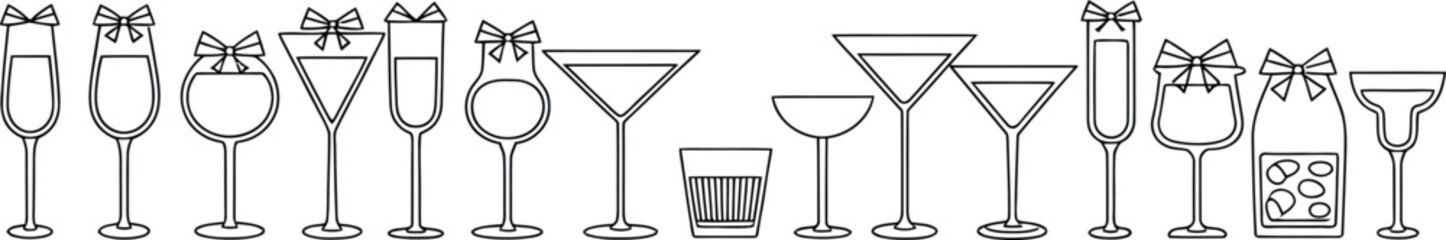Collection of Elegant Cocktail Glasses A Diverse Set for Celebration and Enjoyment in Monochrome