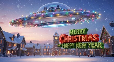 Holiday Season UFO Arrival - A whimsical featuring a UFO decorated with Christmas lights hovering over a snow-covered town, celebrating Merry Christmas and Happy New Year