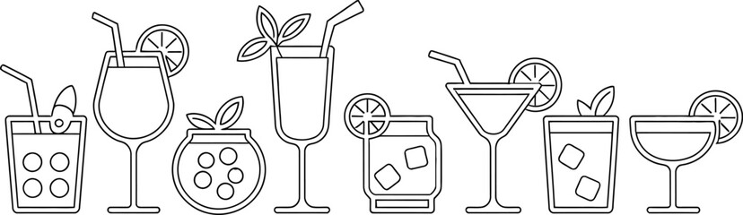 Elegant Outlined Cocktail Collection Refreshing Drink Illustrations for Creative Projects