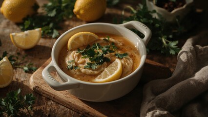Creamy soup with lemon slices and herbs in a white bowl, surrounded by fresh lemons and greens on a rustic wooden surface.