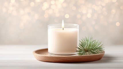 Candle is lit in a glass jar on a wooden tray