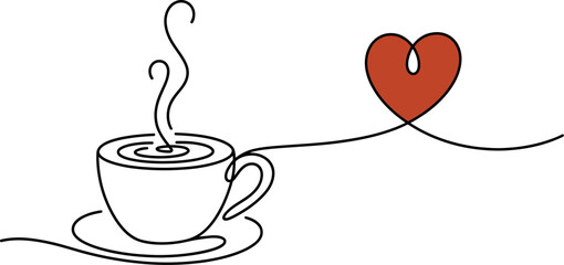 Artistic one-line sketch depicting a steaming cup of coffee linked to a loving heart, symbolizing warmth, care, and heartfelt connections, perfect for conveying comfort
