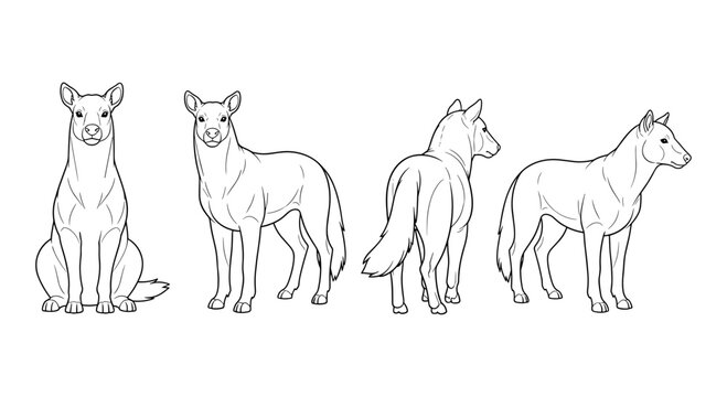 Dingo line art set: front, side, and rear views in black and white