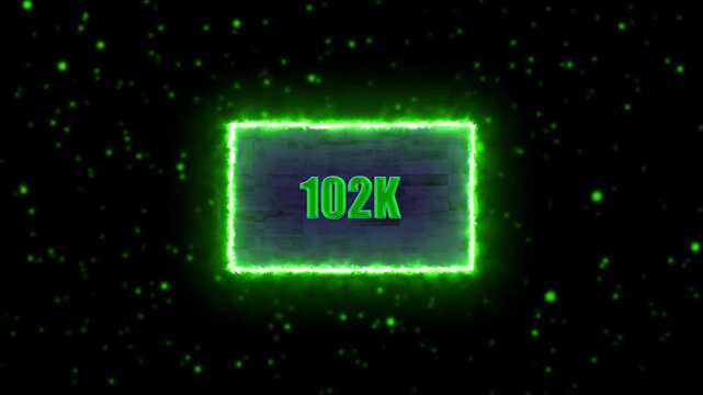 Neon 102 Followers Text Animation Glowing 102 count with neon border on blurred background, perfect for social media celebration videos.