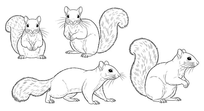 Detailed line art of squirrels in various poses with fluffy tails