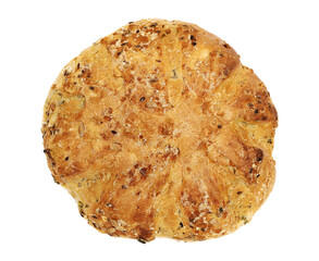 Integral bread loaf with pumpkin seeds and linseed isolated on white background, top view, clipping path 