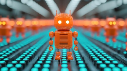 Bright Orange Robot Among Blue Buttons in a Futuristic Setting