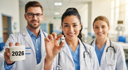 Medical Team Holding Year 2026 - Medical professionals promoting future healthcare, holding objects with the year 2026, symbolizing progress in medicine