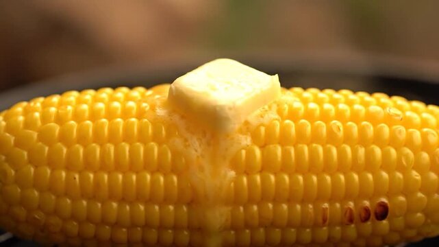 Close-up of golden grilled corn with melting butter, showing texture and deliciousness