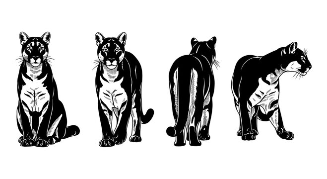 Panthera puma silhouette collection: four views of a majestic feline in bold black and white