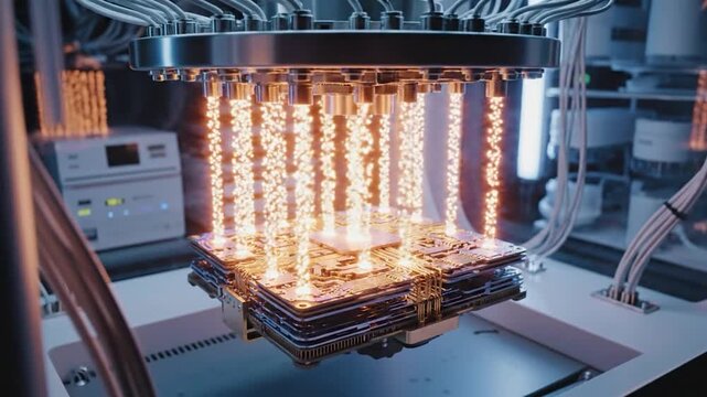 Advanced circuit board with energy flow and laser beam in a tech lab