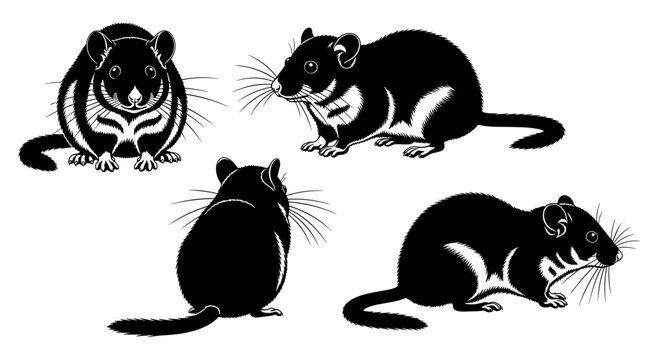 Stylized silhouette collection of dormice in various poses on white background