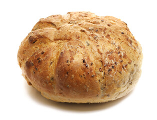 Integral bread loaf with pumpkin seeds and linseed isolated on white background, side view, clipping path 