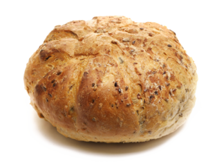 Integral bread loaf with pumpkin seeds and linseed isolated on white background, side view, clipping path 