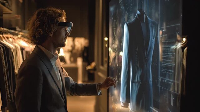 Man interacts with augmented reality virtual fitting room viewing 3D clothing overlays in a stylish retail setting.