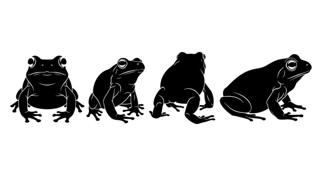 Silhouette frogs from multiple angles on white background