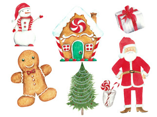 A festive Christmas clipart set featuring a gingerbread house, Santa Claus, gingerbread man, gifts, Christmas tree, candy canes, and holiday decorations. Perfect for cards, stickers, and designs.
