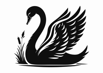Swan bird, black and white vector silhouette