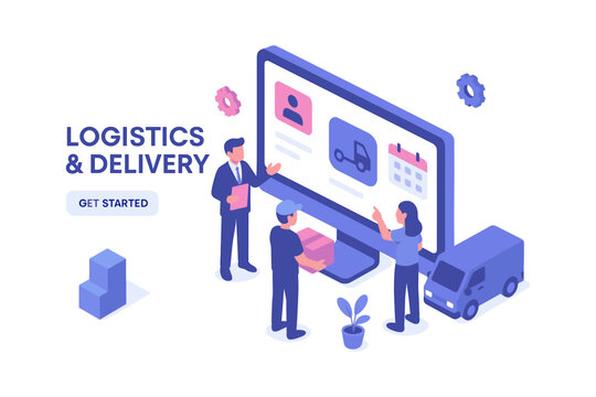 Isometric logistics and delivery teamwork with online shipping platform