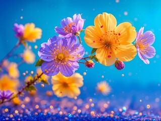 purple and yellow blooming flowers against bright blue sky. Spring summer blossom concept. Vintage romantic art