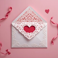 Envelope sealed with heart sticker, valentine's flat lay.
