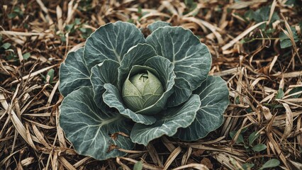 A hardy cabbage plant growing amidst dry grass and patches of small green plants.