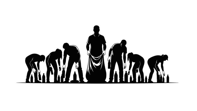 Group collecting plastic bottles on a transparent background