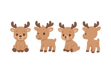 Fototapeta premium Cute cartoon reindeer characters in various poses on white background