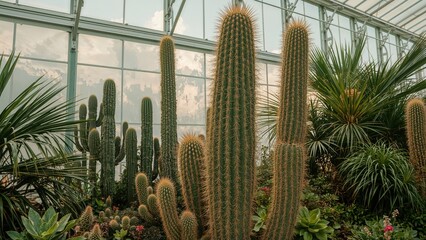 Cactus and succulents inside a greenhouse with glass walls and ceiling.