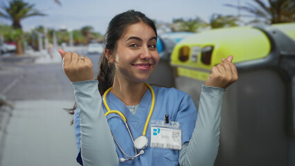 Woman doctor with stethoscope gestures money sign with fingers on a busy street; financial confidence.