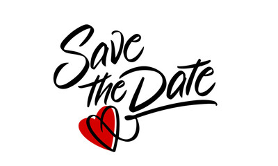 Save The Date Brushpen Lettering  with red Heart Wedding Vector