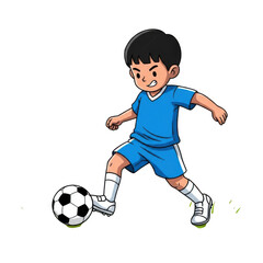 Young boy kicking a soccer ball in a blue uniform