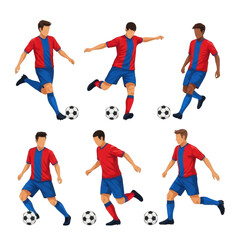 Six soccer players in action poses with balls