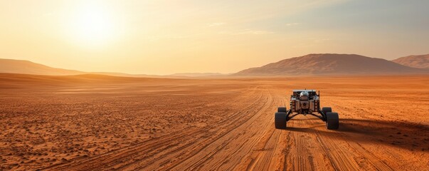 Off-Road Vehicle in Vast Desert Landscape at Sunset