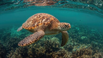 Fototapeta premium Sea turtle swimming underwater with coral reef below. Marine life and ocean ecosystem, natural habitat, underwater environment. Exploration and conservation of sea life.