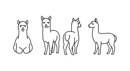 Naklejka premium Alpaca line art set: various poses of cute llamas in minimalist style