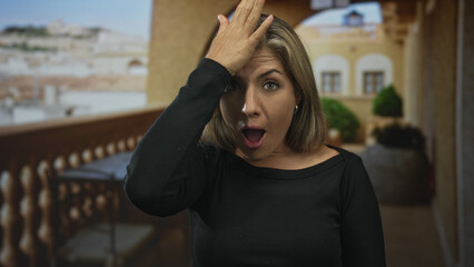 Obraz premium Woman raises hand to forehead on outdoor balcony of stone building with arched window and townscape; surprise.