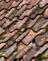 roof with old clay tiles and moss
