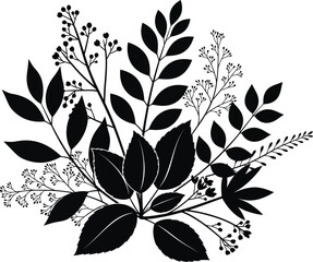 Elegant black and white botanical illustration of leaves and berries on white