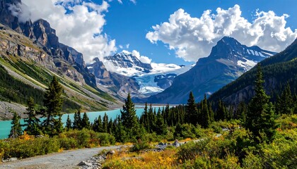 A scenic panoramic shot revealing a turquoise lake, framed by majestic snow-capped mountains and verdant trees under a brilliant blue sky