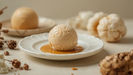 Fototapeta premium Fried cheese ball with honey on a white plate, surrounded by other similar snacks and decorative elements.