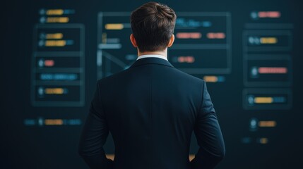 Businessman Analyzing Data Displayed on Digital Screen